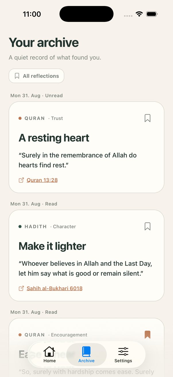 Archive screen listing previously delivered reflections with read and unread labels