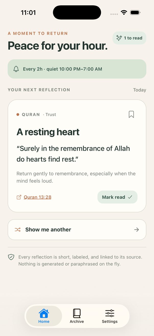 Home screen showing a single Quran reflection with its source and a mark-as-read button