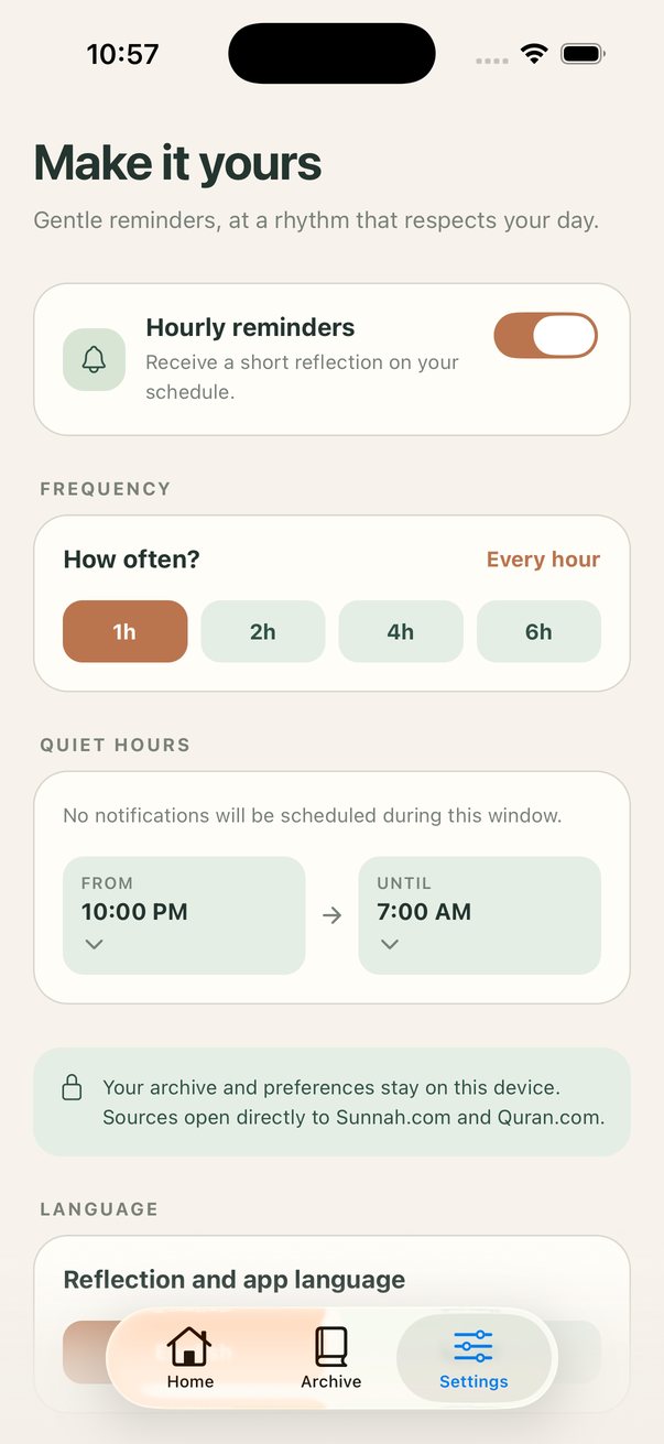 Settings screen with reminder frequency, quiet hours and language controls